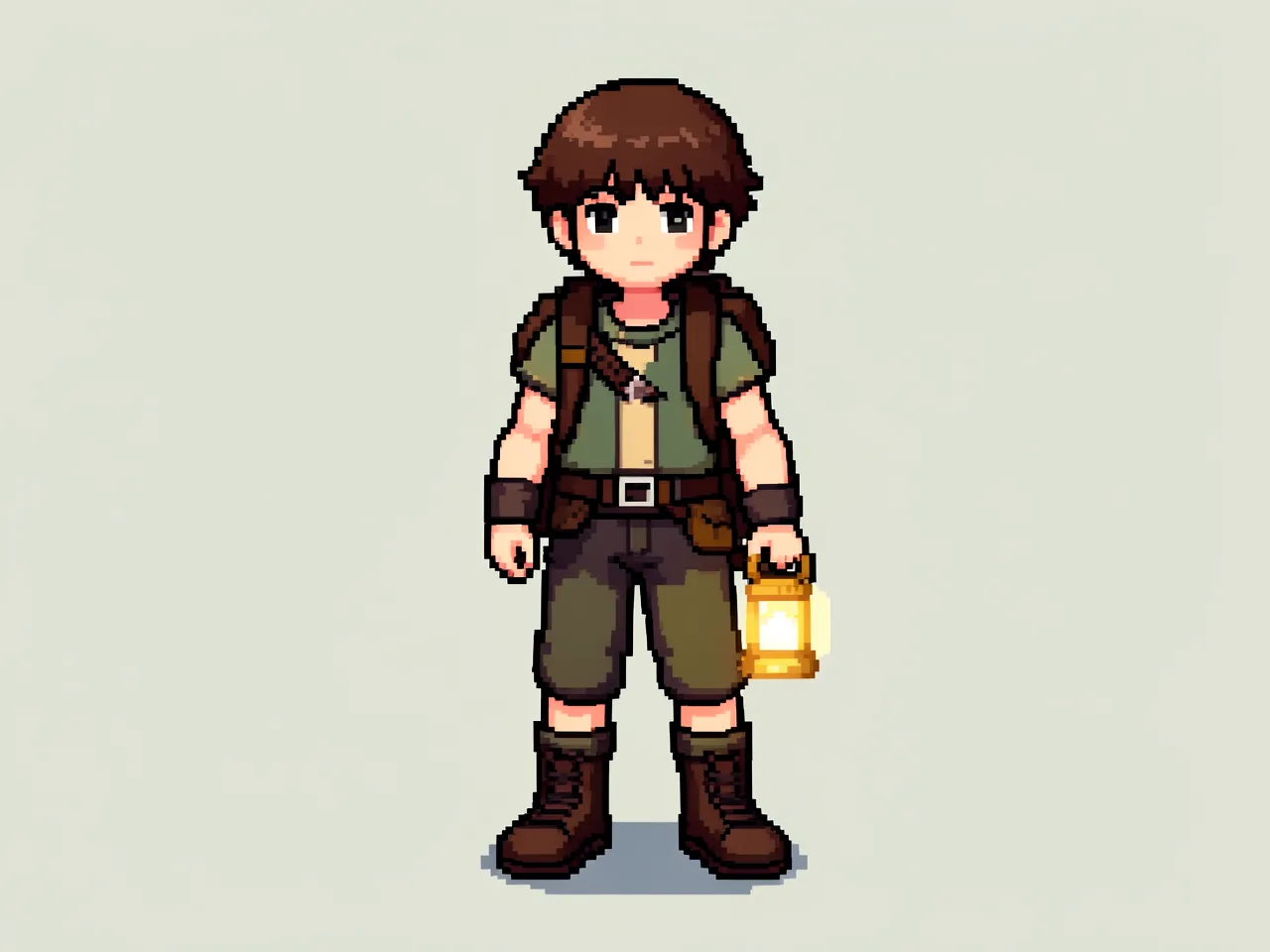 16-bit pixel art style: a young adventurer with a backpack and a lantern