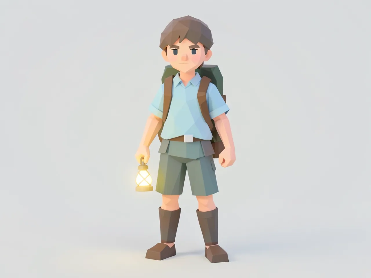 Low poly 3D style: a young adventurer with a backpack and a lantern