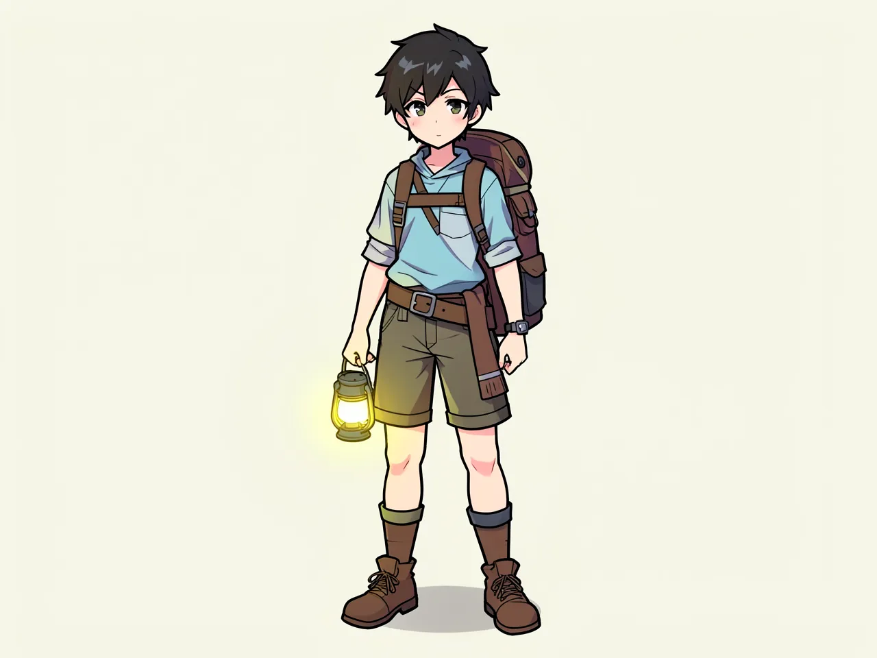 Cel-shaded anime style: a young adventurer with a backpack and a lantern