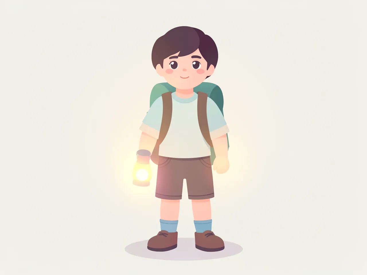Cozy flat vector style: a young adventurer with a backpack and a lantern