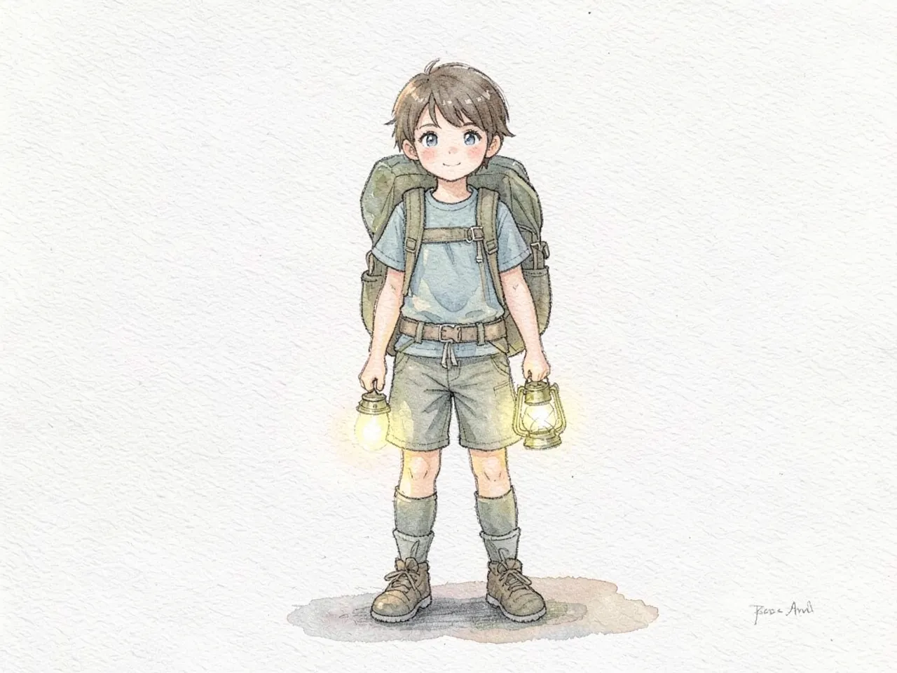 Watercolor storybook style: a young adventurer with a backpack and a lantern