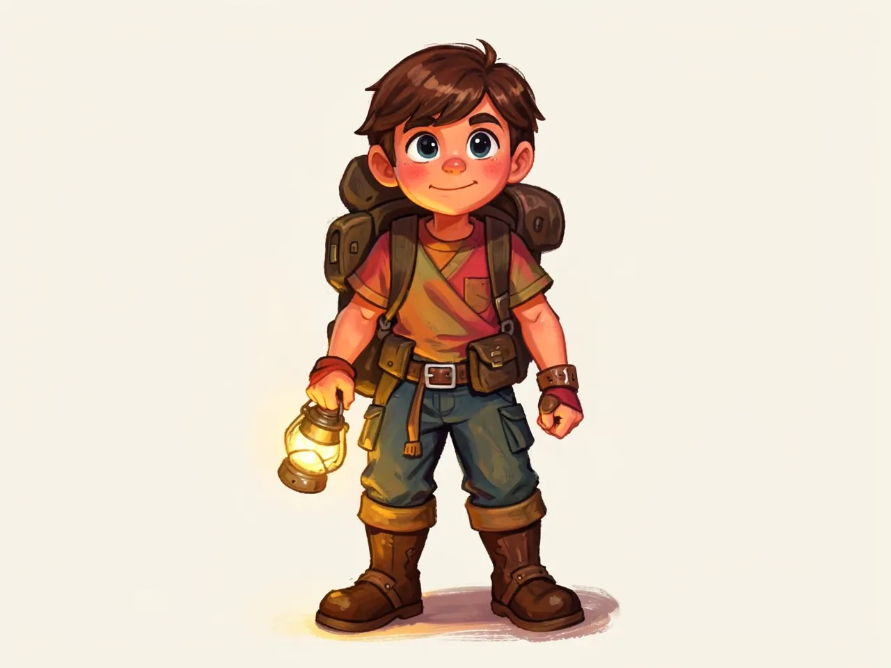 Hand-painted fantasy style: a young adventurer with a backpack and a lantern