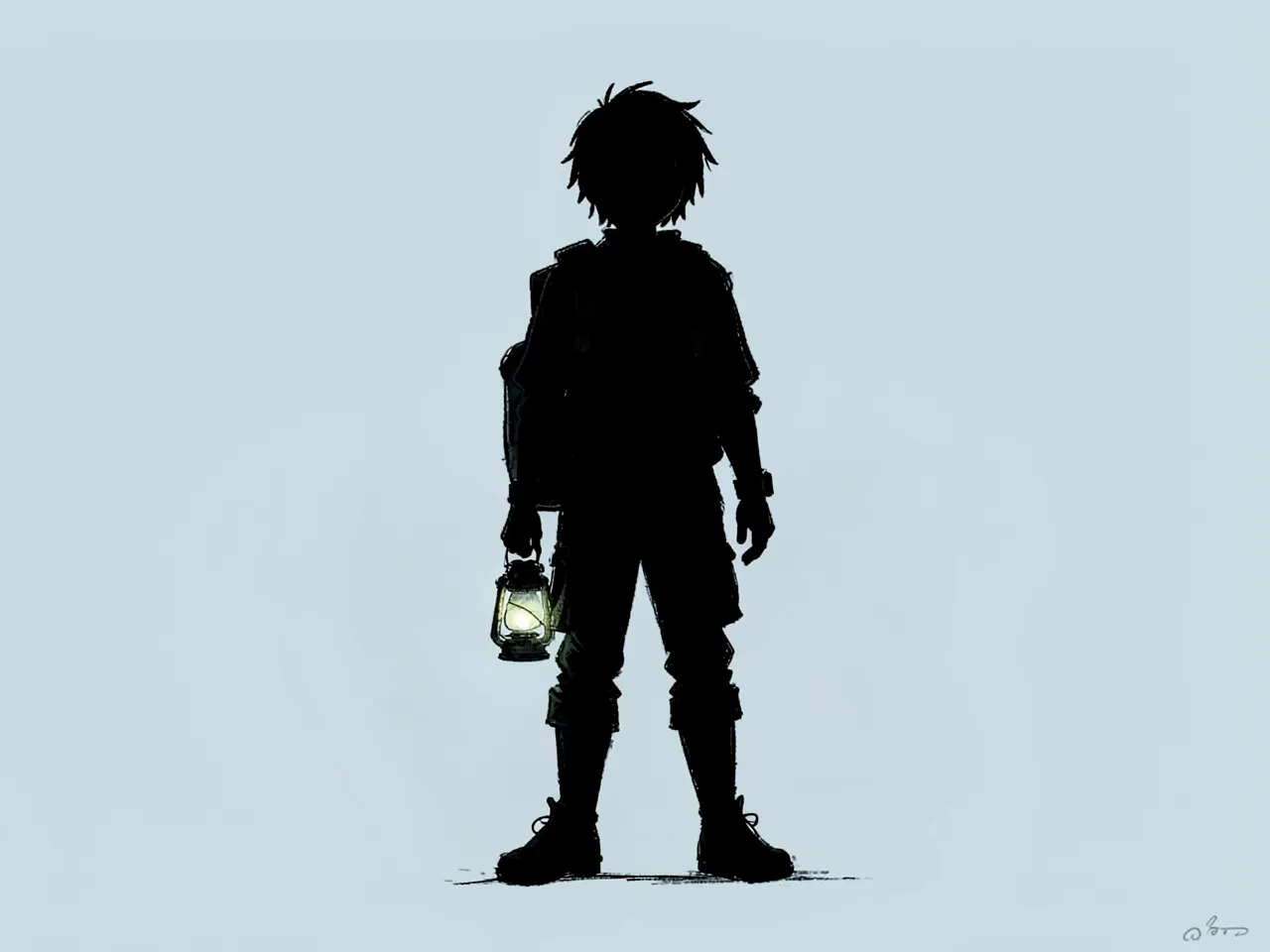 Dark ink silhouette style: a young adventurer with a backpack and a lantern