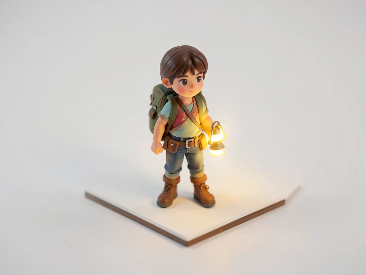 Isometric diorama style: a young adventurer with a backpack and a lantern