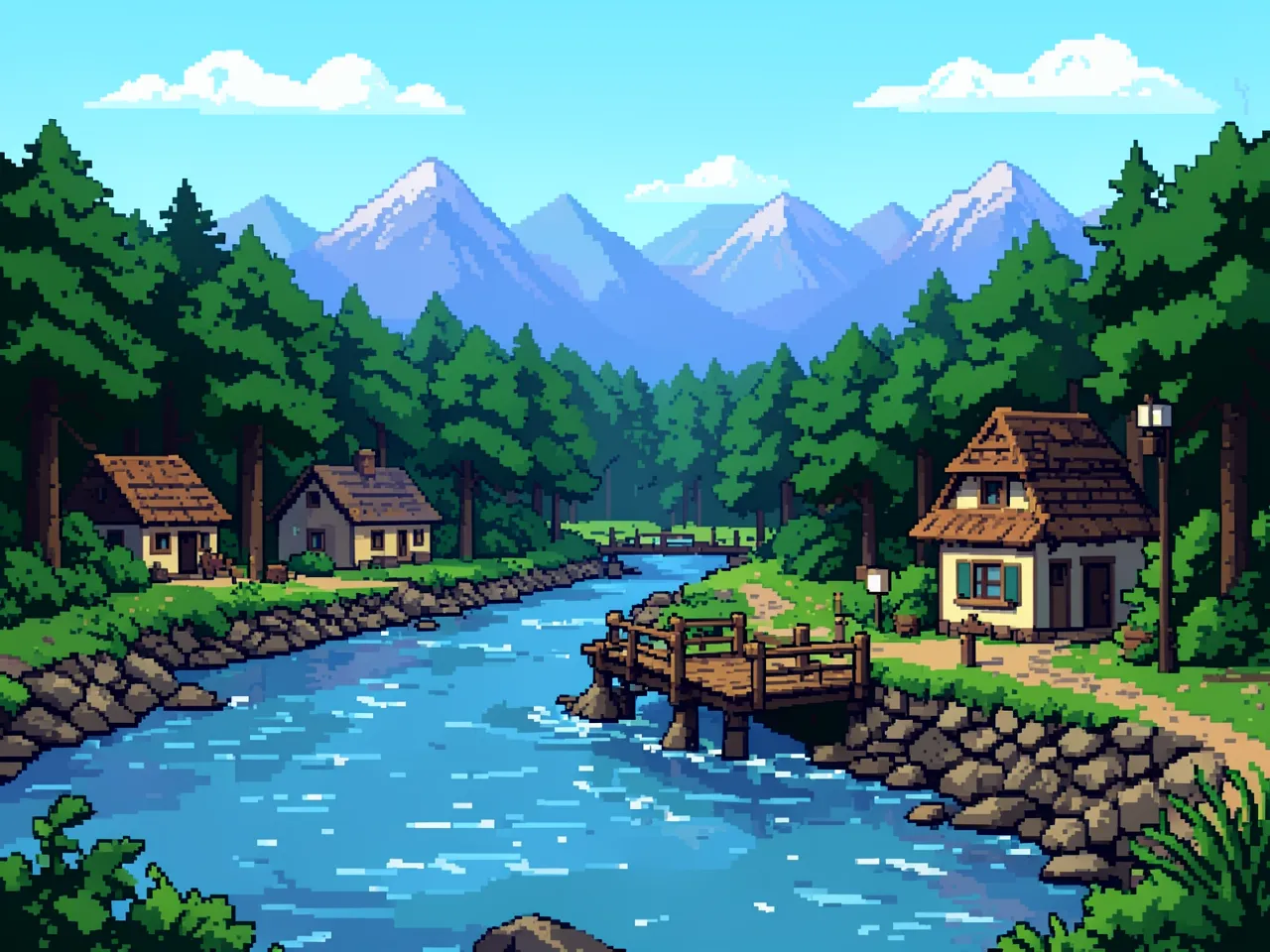 A bright forest village drawn as 16-bit pixel art, with a river, a wooden bridge and blue mountains