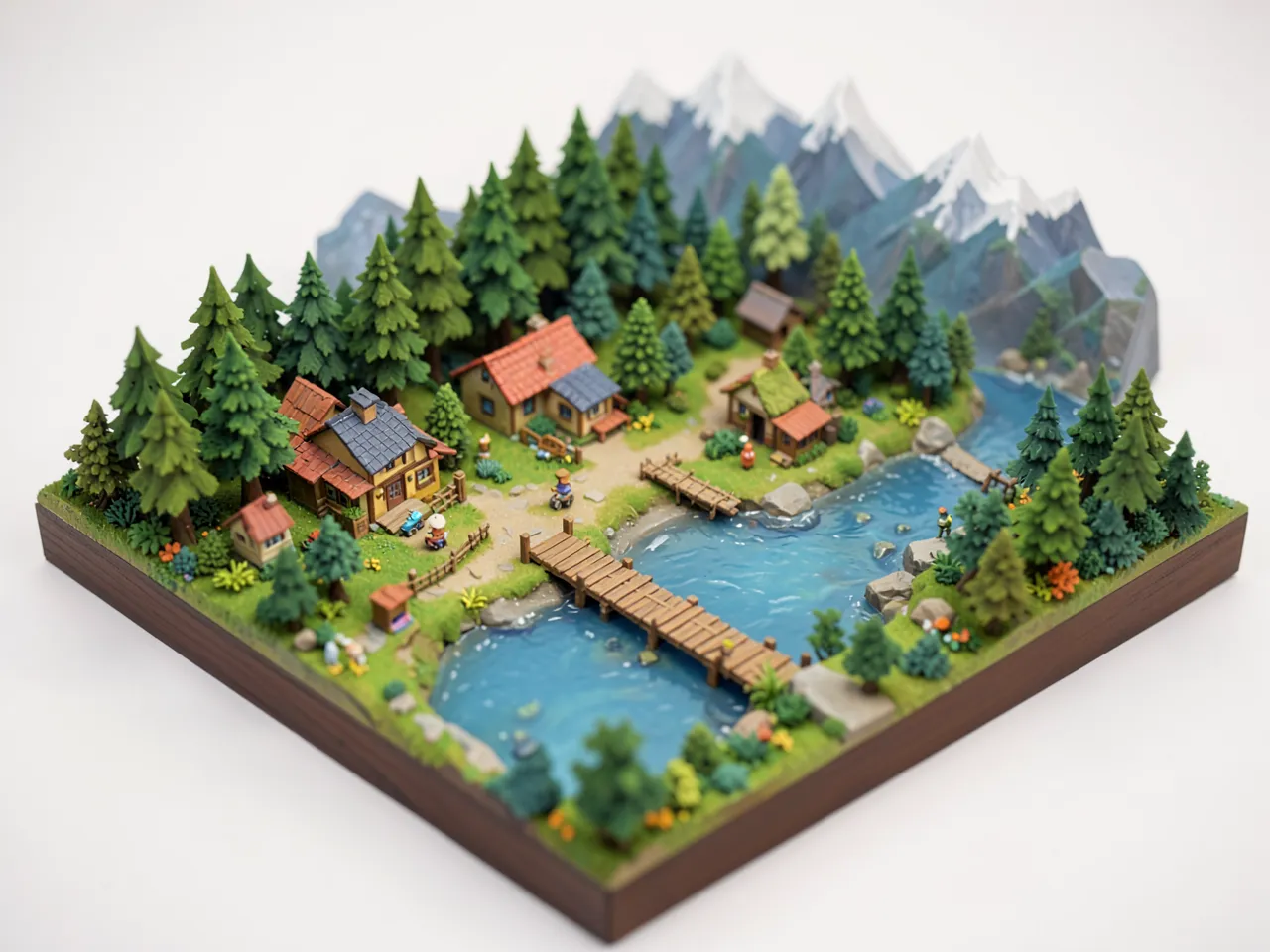 A tiny isometric diorama of a forest village with a river and a wooden bridge, sitting on a square base