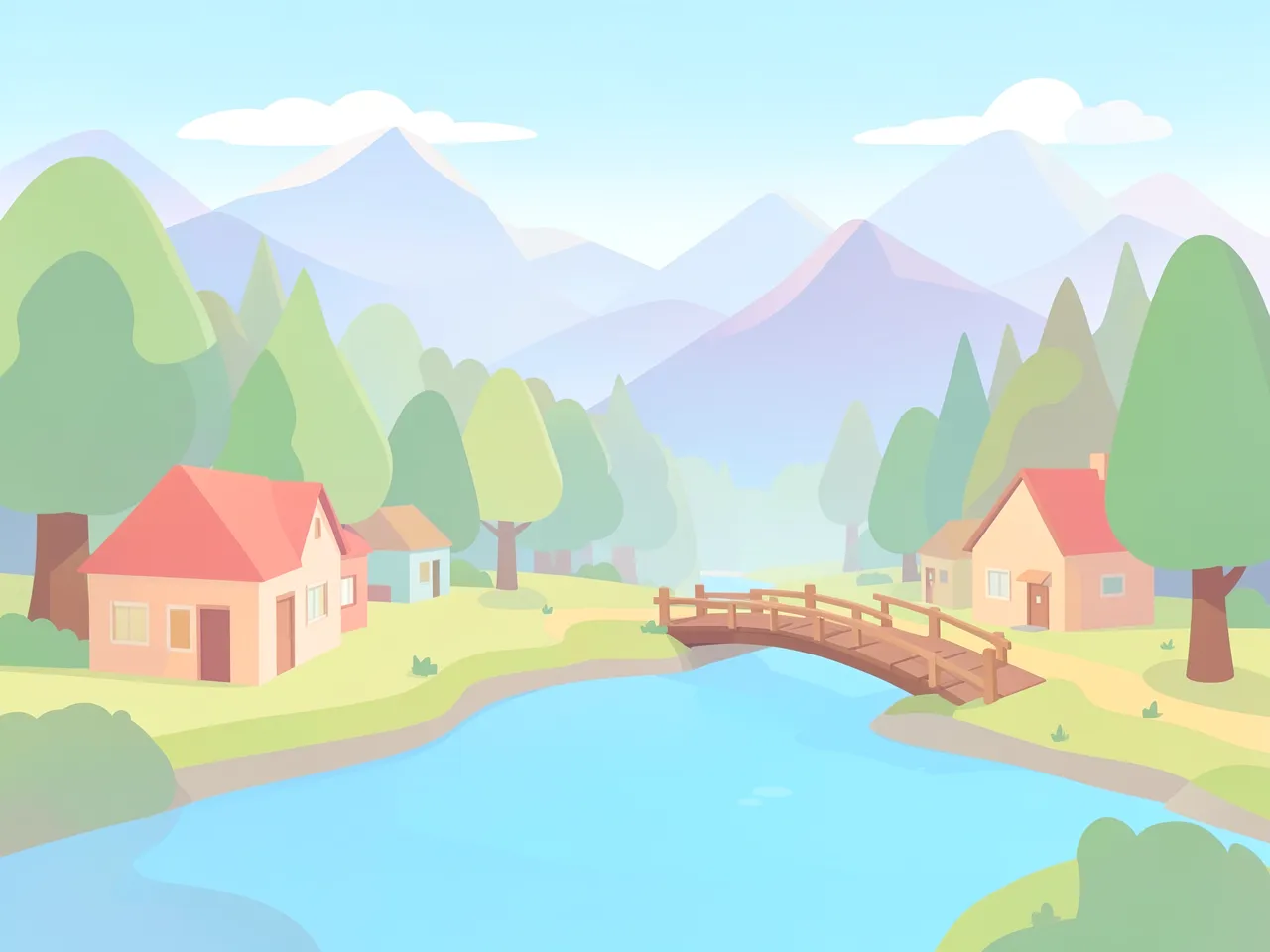 A pastel flat vector village with pink roofs, round trees and a wooden bridge over a light blue river