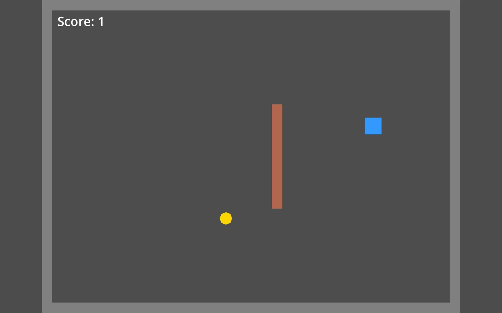 A frame from the finished Godot game. The blue player square stands to the right of a brown block just after picking up a coin, the score in the top-left corner reads 1, and the yellow coin has jumped to the lower middle. Grey walls frame the screen.