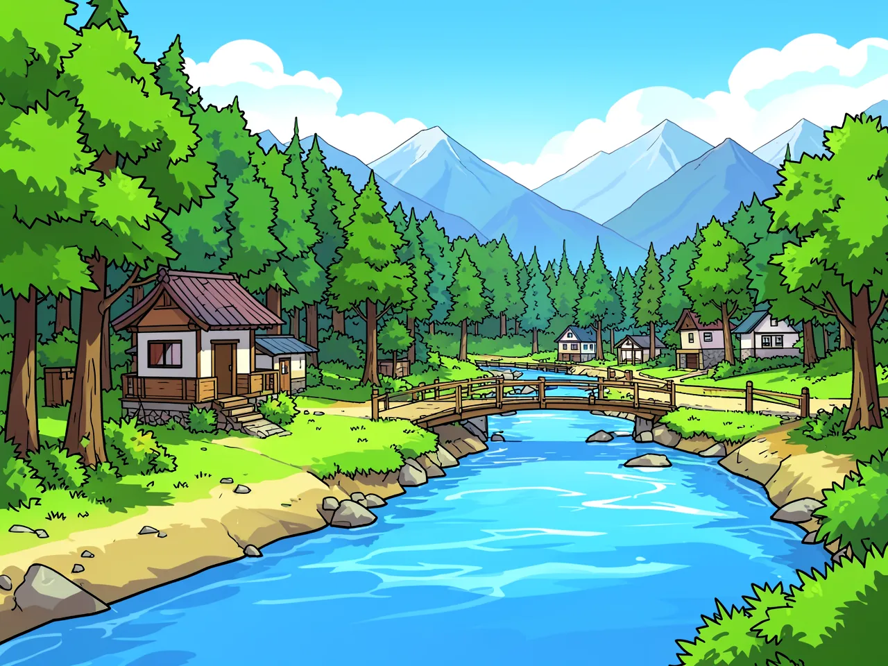 A bright cel-shaded anime village by a blue river, with clean black outlines and flat green trees