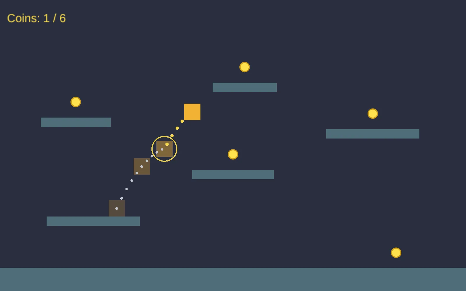 A frame from the game. The orange square is rising on its second jump after leaving a platform. Faded copies and a dotted trail show its path, a yellow ring marks the second press, and yellow coins sit on the platforms.