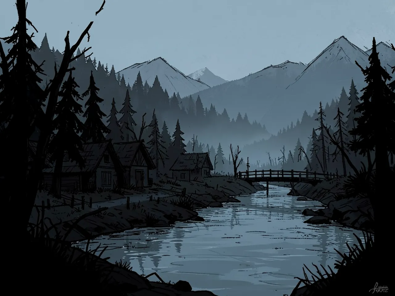 A dark village by a still river, drawn as black ink silhouettes of trees and houses in blue-grey fog