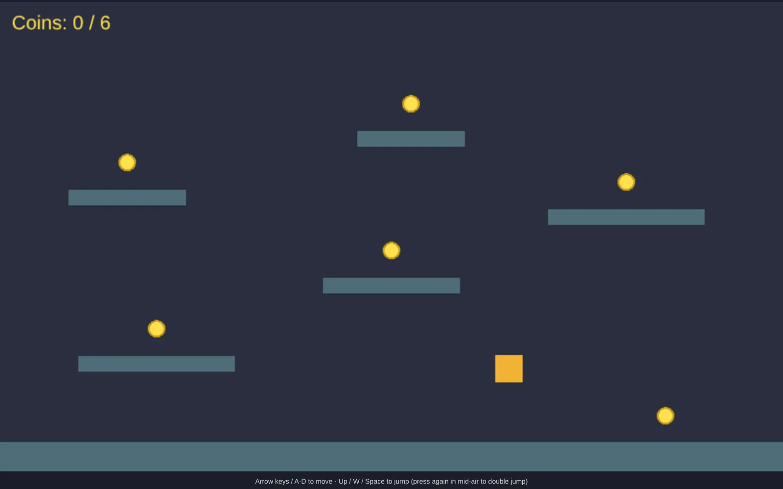 A frame from the platformer. The orange square is rising just above the floor, 0.12 seconds after landing, on a jump that was pressed before it touched down. Five platforms with yellow coins sit above it.
