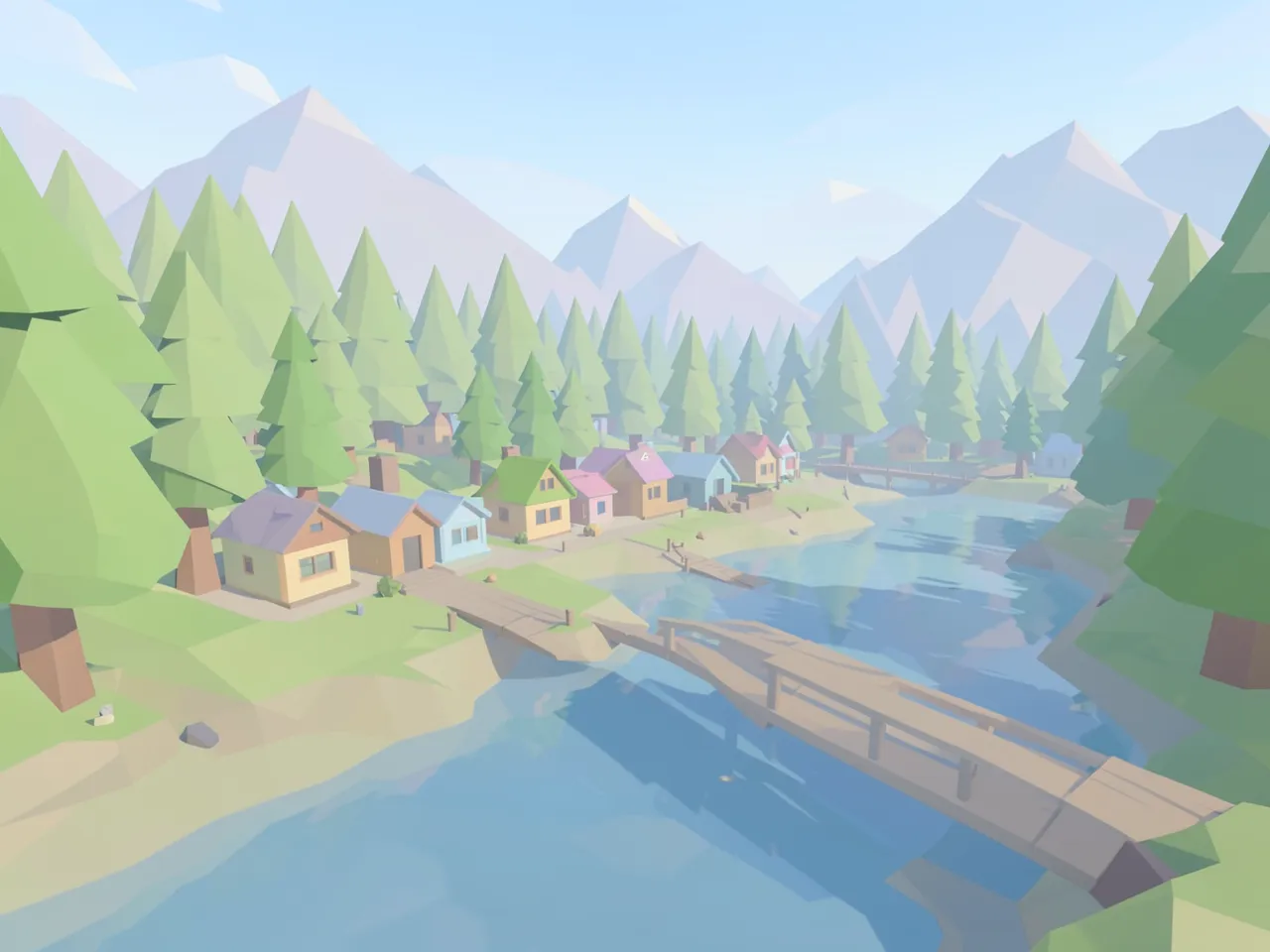 A pastel low poly valley with a village, a river and triangle-faceted trees and mountains