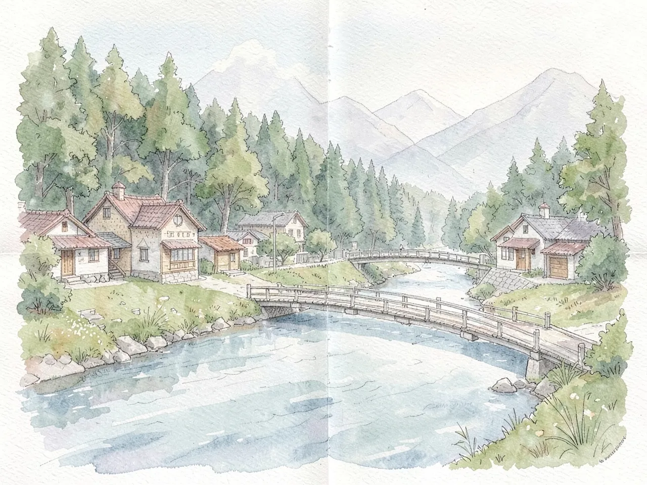 A soft watercolor village by a river with a wooden bridge and pale pine trees, on textured paper