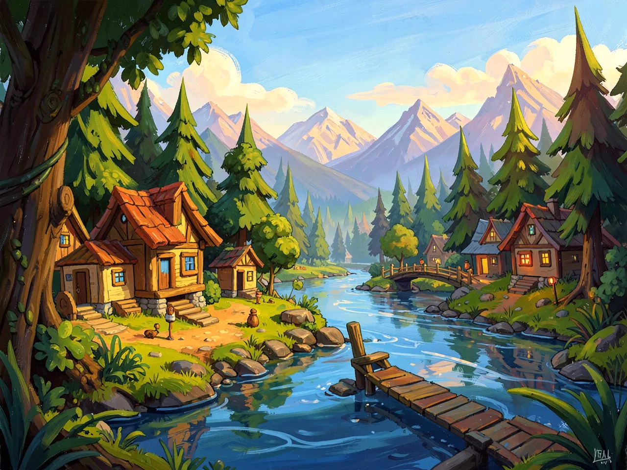 A painterly fantasy village by a river, with warm colors, chunky houses and pine trees in front of mountains
