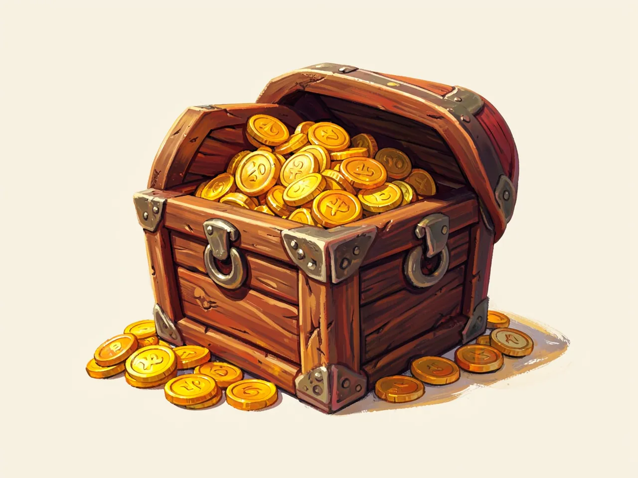 Hand-painted fantasy style: a treasure chest full of gold coins