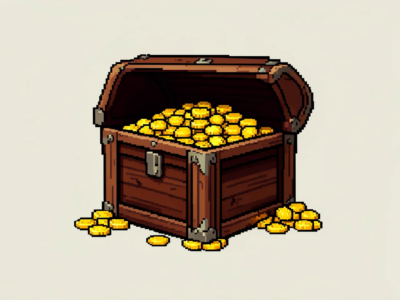 16-bit pixel art style: a treasure chest full of gold coins