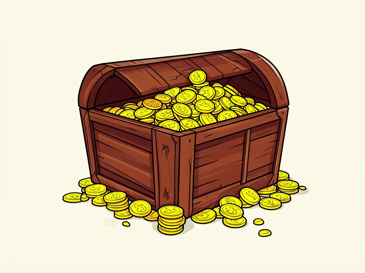 Cel-shaded anime style: a treasure chest full of gold coins