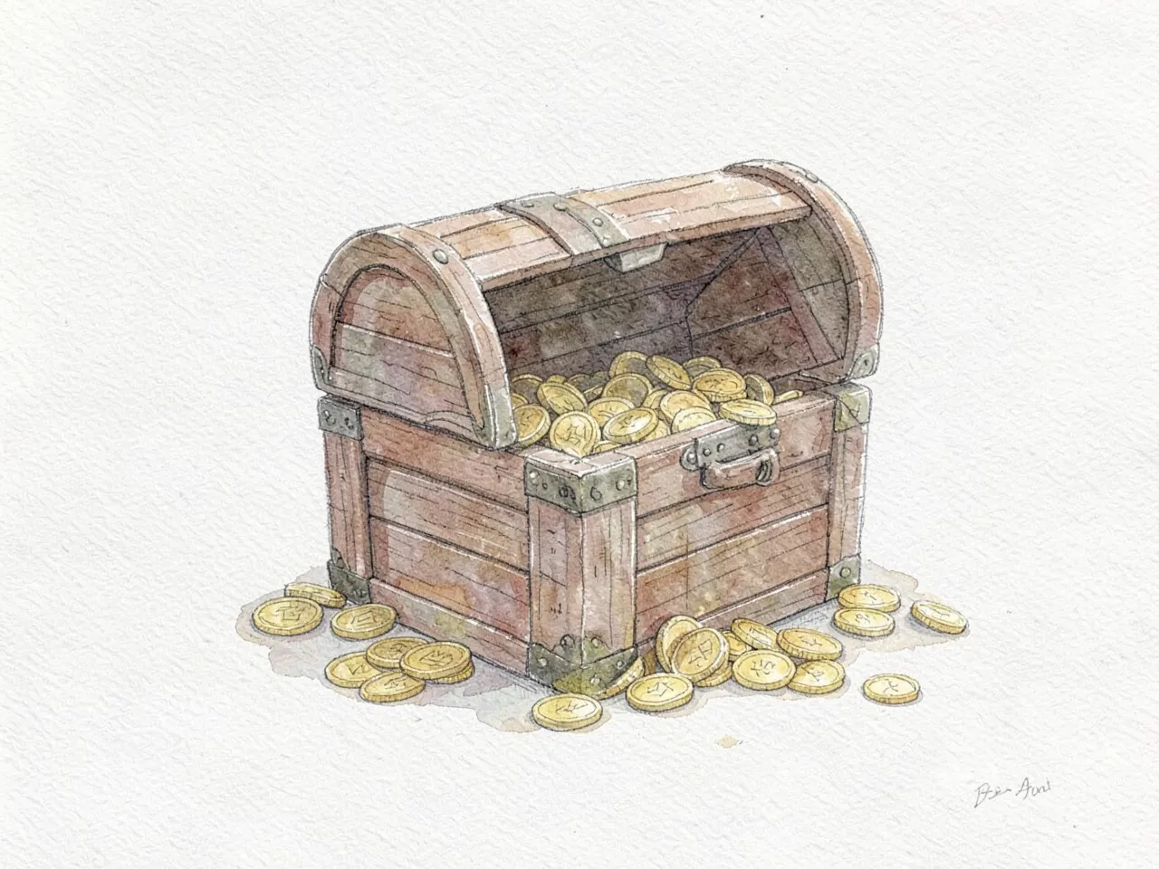 Watercolor storybook style: a treasure chest full of gold coins