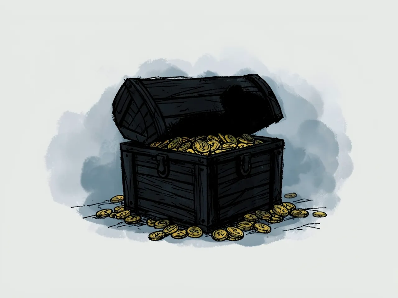 Dark ink silhouette style: a treasure chest full of gold coins
