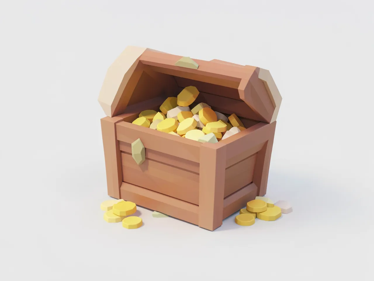 Low poly 3D style: a treasure chest full of gold coins